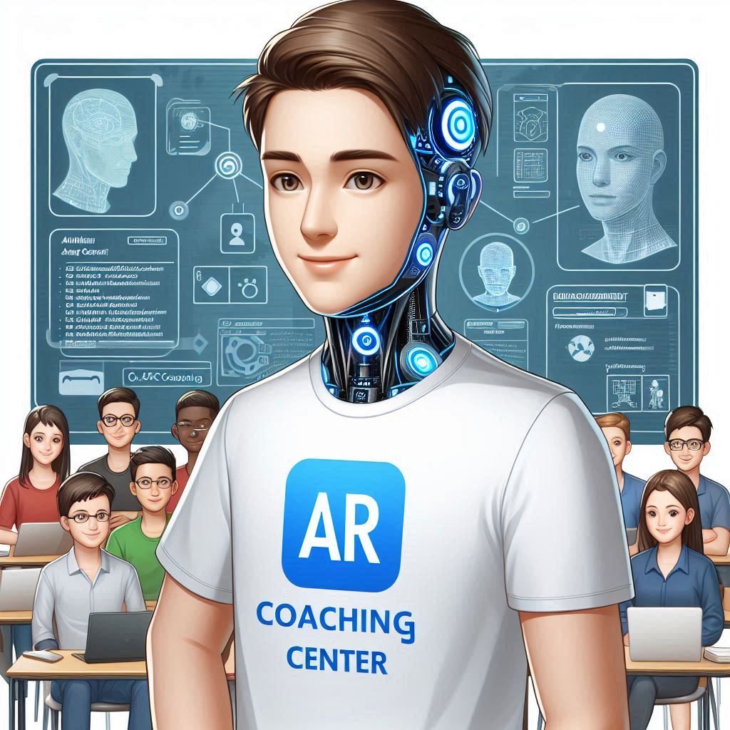 AI avatar of a knowledgeable male teacher wearing a white t-shirt with AR Coaching Center written on it, guiding engineering students through full-stack development and AI technology