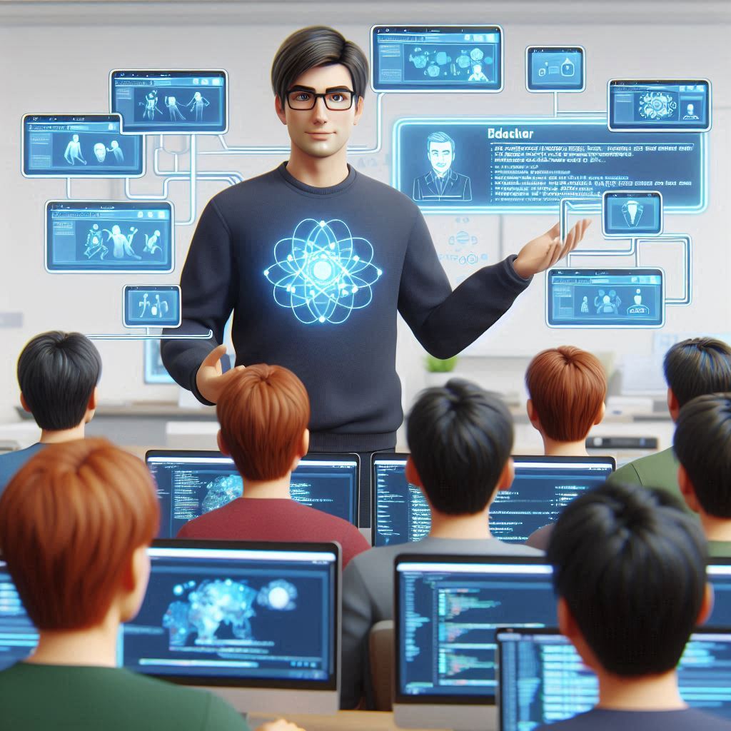 AI avatar of a male teacher teaching full-stack development and AI technology to engineering students